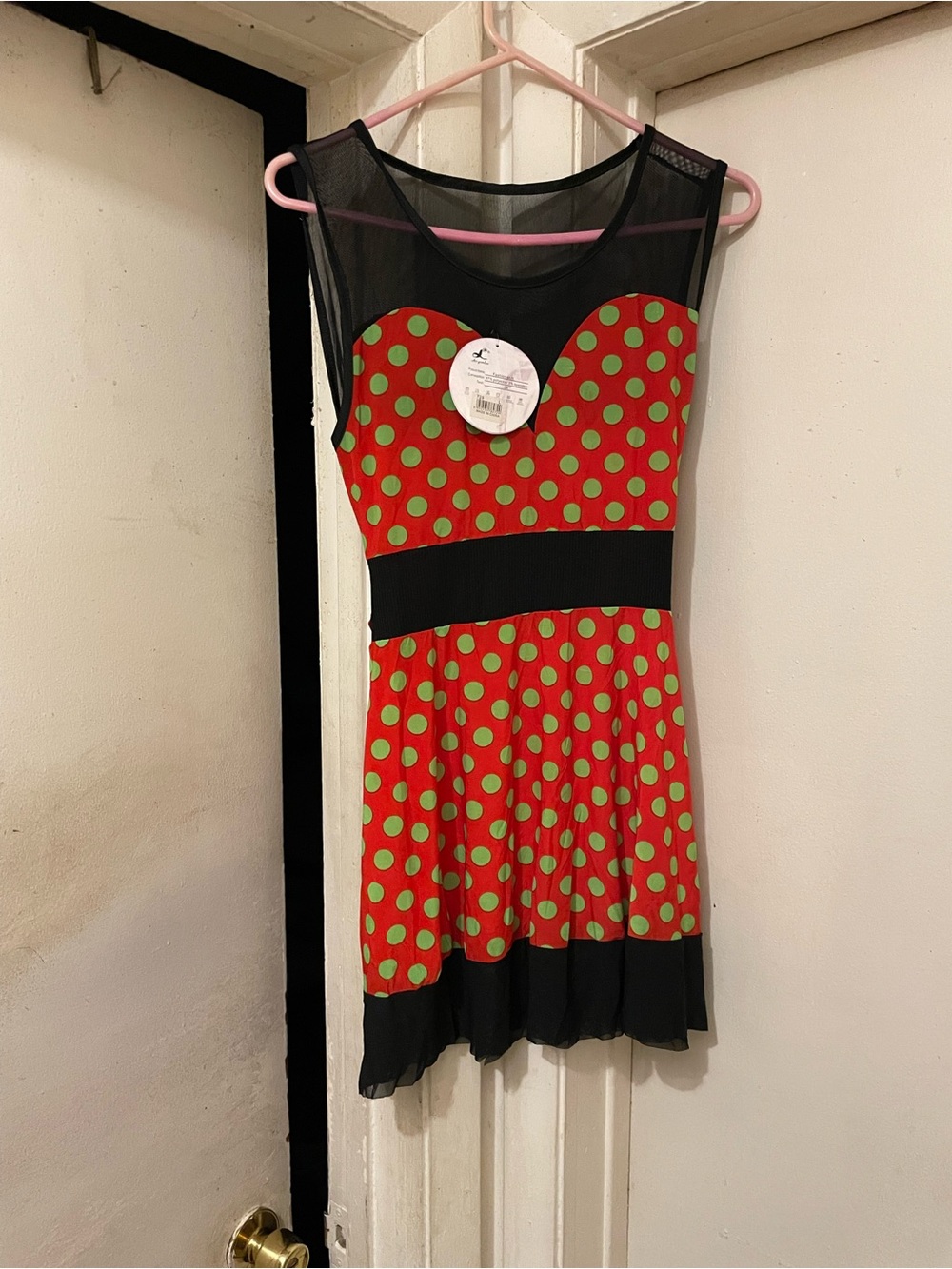 Women’s Red & Green Polka Dot Fit & Flare Sleeveless Mesh Party Dress Size L NWT